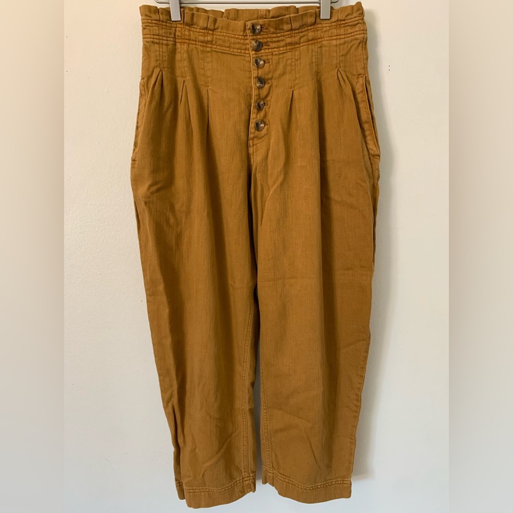 We The Free, paper bag waist, pleated, button fly, camel color, trousers